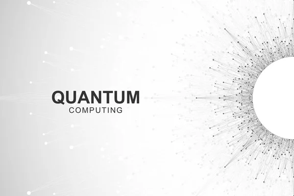 Quantum computer technology concept. Deep learning artificial intelligence. Big data algorithms visualization for business, science, technology. Waves flow, dots, lines. Quantum vector illustration — Stock Vector