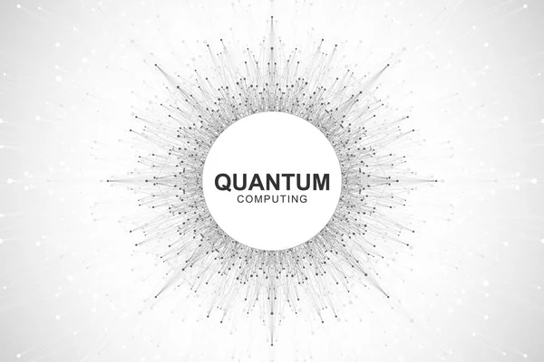Quantum computer technology concept. Deep learning artificial intelligence. Big data algorithms visualization for business, science, technology. Waves flow, dots, lines. Quantum vector illustration — Stock Vector