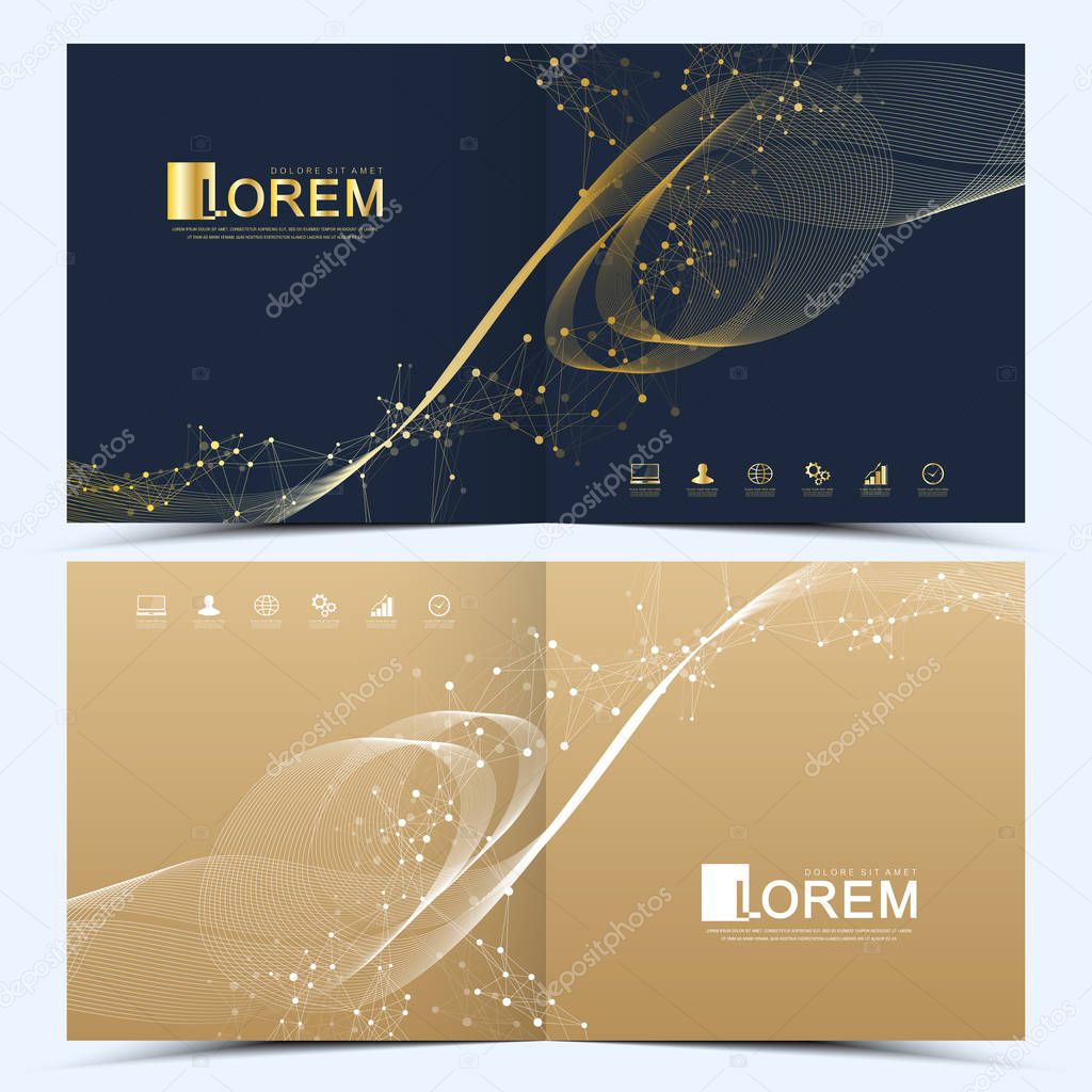 Modern vector template for square brochure, leaflet, flyer, cover, catalog, magazine or annual report . Business, science and technology design layout. Presentation with golden waves, lines and dots