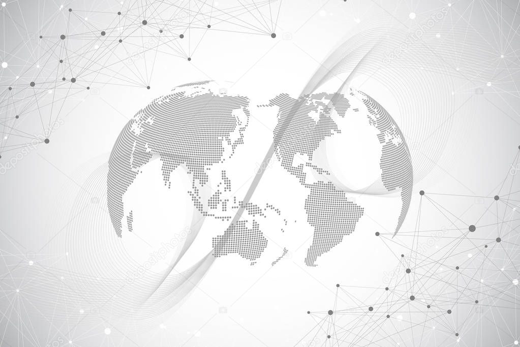Big data visualization with a world globe. Abstract vector background with dynamic waves. Global network connection. Technological sense abstract illustration