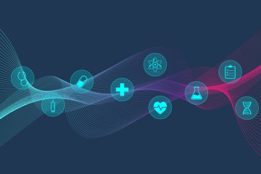 Büyük genomik veri görselleştirme. DNA sarmalı, Dna dizisi, Dna testini molekül veya atom, nöronlar. Soyut yapı bilim ya da tıbbi geçmişi, afiş için. Dalga akışı