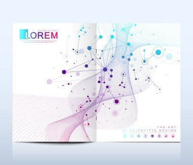 Broşür, broşür, el ilanı, kapak, afiş, katalog, dergi veya yıllık raporu A4 boyutunda modern vektör şablonu. DNA sarmalı, Dna dizisi, molekül veya atom, nöronlar. Dalga akışı. Satırları pleksus