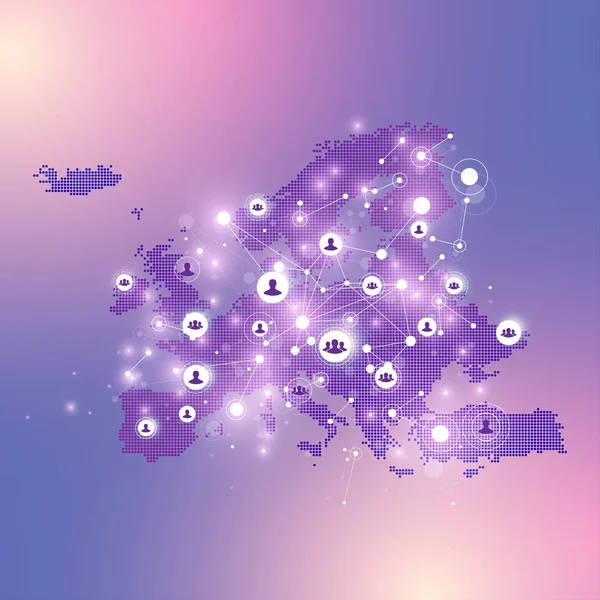 点線のヨーロッパ地図背景にソーシャル メディア ネットワークとマーケティング概念。グローバルなビジネス概念とインターネット技術、分析ネットワーク。ベクトル図 — ストックベクタ