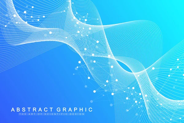 Visualización de datos genómicos grandes. Hélice de ADN, hebra de ADN, prueba de ADN. Molécula o átomo, neuronas. Estructura abstracta para la ciencia o los antecedentes médicos, bandera. Flujo de onda — Vector de stock