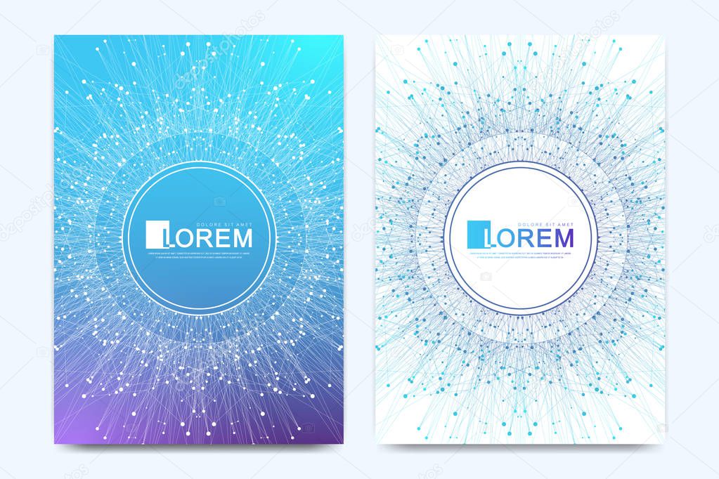 Modern vector template for brochure, leaflet, flyer, cover, banner, catalog, magazine, or annual report in A4 size. Futuristic science and technology design. Presentation with mandala. Lines plexus.
