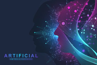 Fütüristik yapay zeka ve öğrenme kavramı makine. İnsan büyük veri görselleştirme. Wave Flow iletişim, bilimsel vektör çizim.
