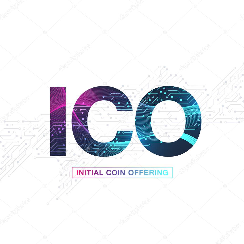 ICO Initial Coin Offering infographic web banner. Initial coin offering promo poster with world map. Cryptocurrency e-commerce texture conceptStartup, Blockchain diagram, vector illustration