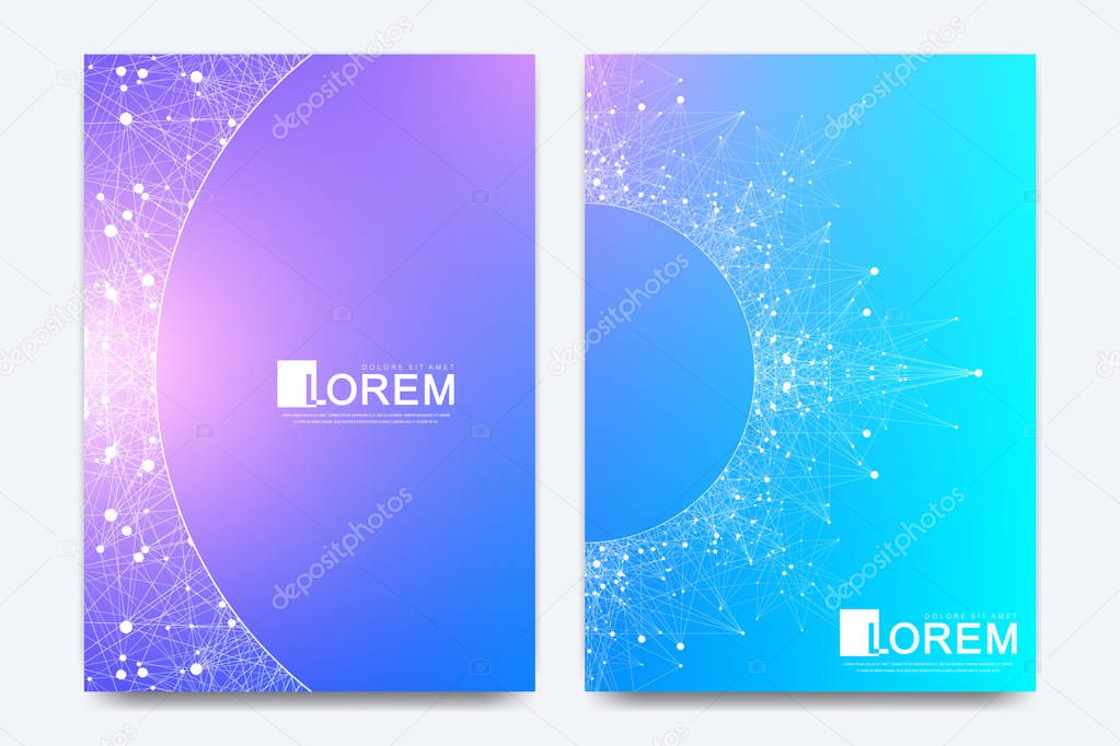Modern vector template for brochure, leaflet, flyer, cover, banner, catalog, magazine, or annual report in A4 size. Futuristic science and technology design. Presentation with mandala. Lines plexus.