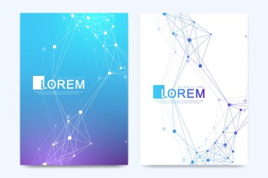 Broşür, broşür, broşür, broşür, kapak, A4 boyutunda katalog için modern vektör şablonu. DNA sarmalları, DNA iplikleri, molekül veya atom, nöronlar. Bilim veya tıbbi geçmiş için soyut yapı.
