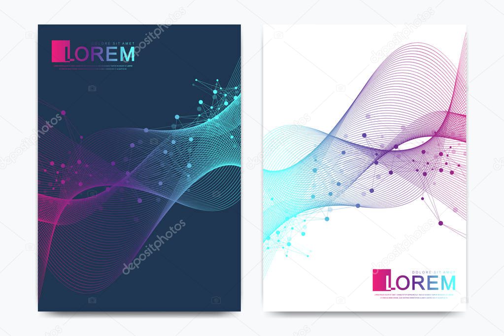 Modern vector template for brochure, leaflet, flyer, cover, catalog in A4 size. DNA helix, DNA strand, molecule or atom, neurons. Abstract structure for Science or medical background