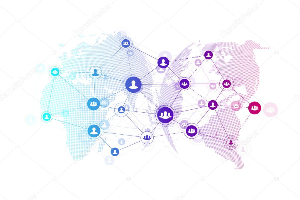 Social media network and marketing concept on World Map background. Global business concept and internet technology, Analytical networks. Vector illustration.