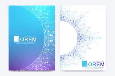 Broşür, broşür, broşür, broşür, kapak, A4 boyutunda katalog için modern vektör şablonu. DNA sarmalları, DNA iplikleri, molekül veya atom, nöronlar. Bilim veya tıbbi geçmiş için soyut yapı