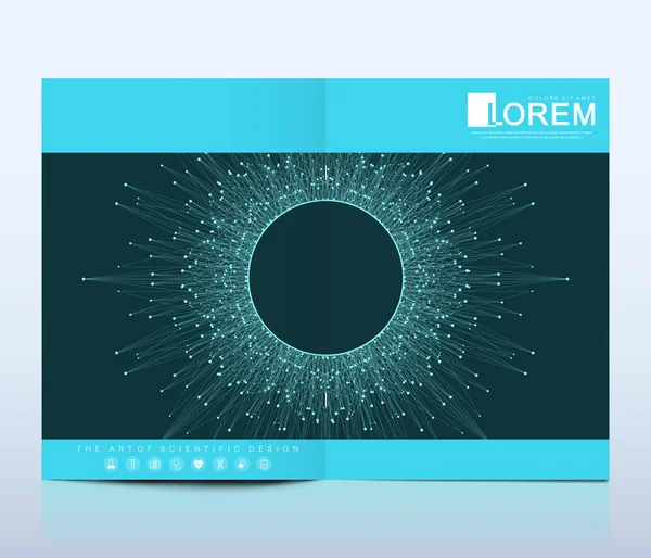 Modèle vectoriel moderne pour brochure, dépliant, dépliant, couverture, catalogue en format A4. Hélice ADN, brin ADN, molécule ou atome, neurones. Structure abstraite pour la science ou les antécédents médicaux — Image vectorielle