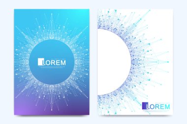 Broşür, broşür, el ilanı, kapak, afiş, katalog, dergi veya yıllık raporu A4 boyutunda modern vektör şablonu. Fütüristik bilim ve teknoloji tasarım. Mandala sunuyla. Satırları pleksus