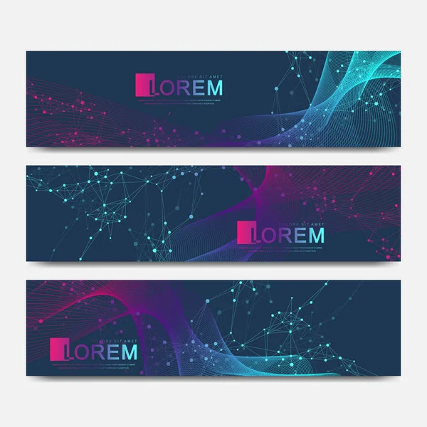 Conjunto de vectores abstractos de banners de sitios web modernos. Cibernética científica con ondas lineales dinámicas. Antecedentes moleculares y de comunicación. Fondo gráfico para su diseño — Vector de stock