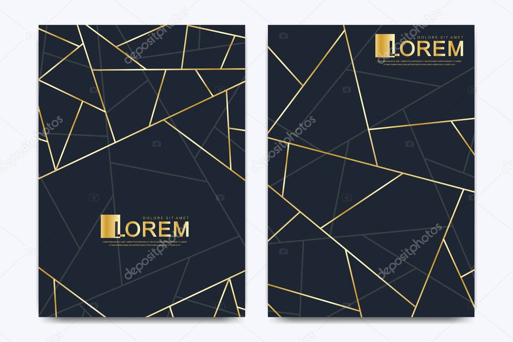 Modern vector template wedding invitation cards with marble texture background and golden geometric lines in the A4 size