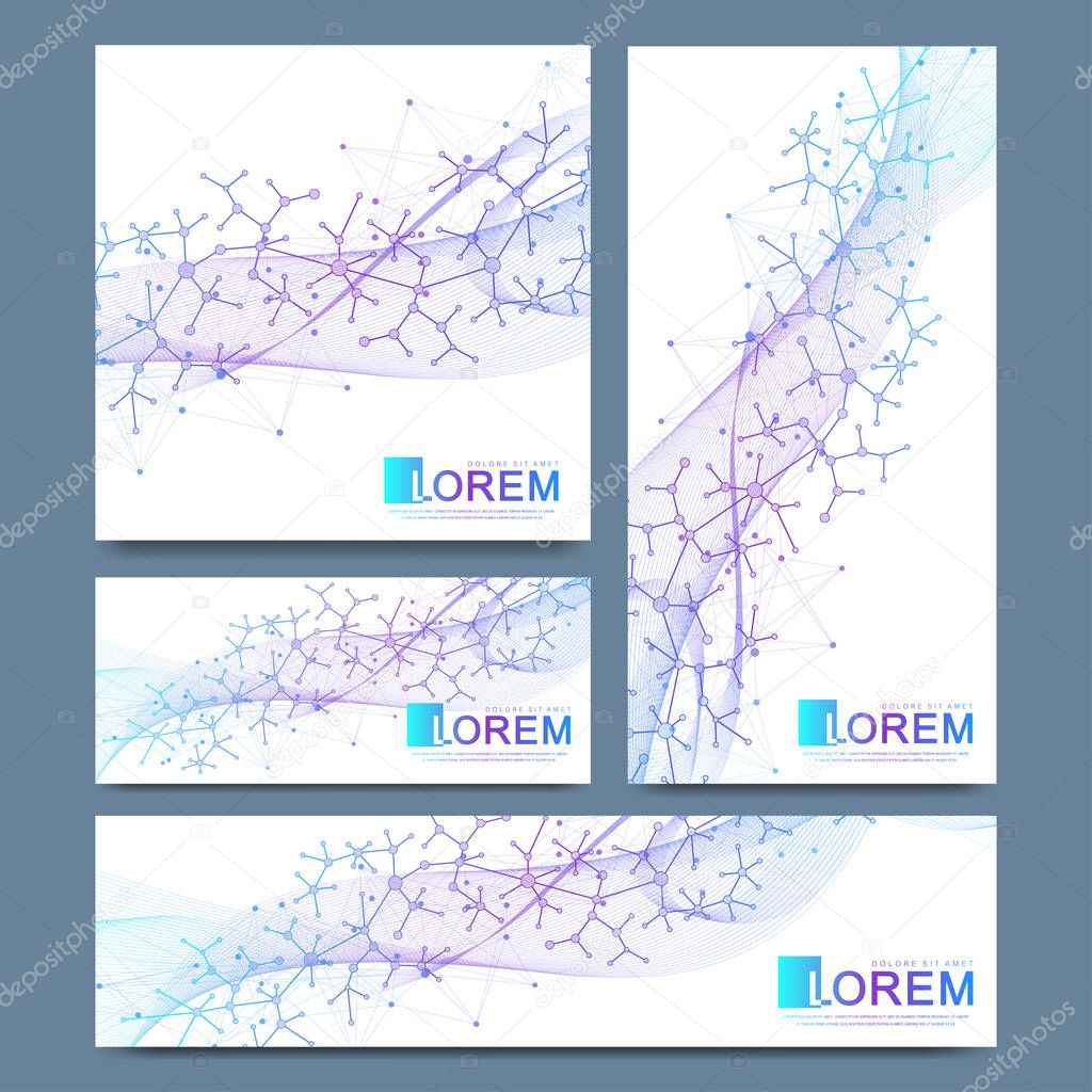 Abstract vector set of modern website banners. Scientific cybernetics background with dynamic linear waves. Molecule and communication background. Graphic background for your design