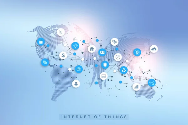 Internet de las cosas IoT y concepto de conexión de red vector de diseño. Red de redes sociales y concepto de marketing con globos punteados. Internet y tecnología empresarial — Vector de stock