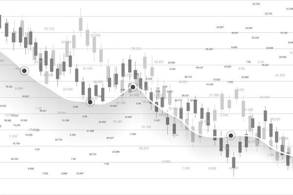 주식 및 교환. 비즈니스 캔디 스틱 그래프 주식 투자 거래의 그래프. 주식 시장 자료. 불가사의 지점, 그래프의 트렌드. 벡터 일러스트 — 스톡 벡터