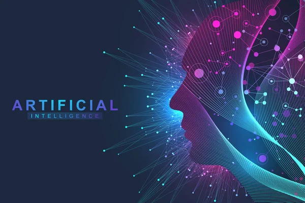Fütüristik yapay zeka ve öğrenme kavramı makine... İnsan büyük veri görselleştirme. Wave Flow iletişim, bilimsel vektör çizim