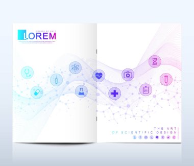 Broşür, broşür, broşür, broşür, kapak, A4 boyutunda katalog için modern vektör şablonu. DNA sarmalları, DNA iplikleri, molekül veya atom, nöronlar. Bilim veya tıbbi geçmiş için soyut yapı