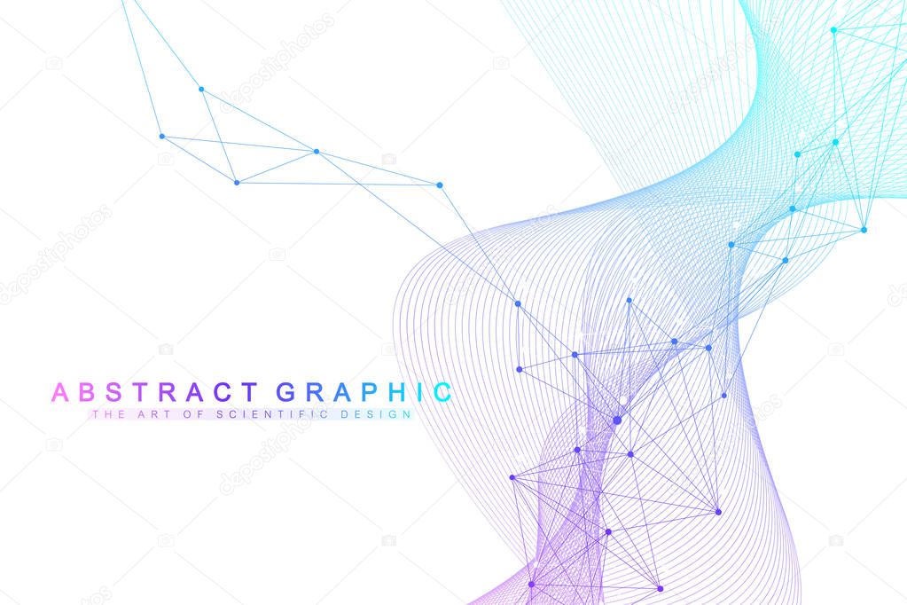 Geometric abstract background with connected lines and dots. Wave flow. Molecule and communication background. Graphic background for your design. Artificial Intelligence. Vector illustration.
