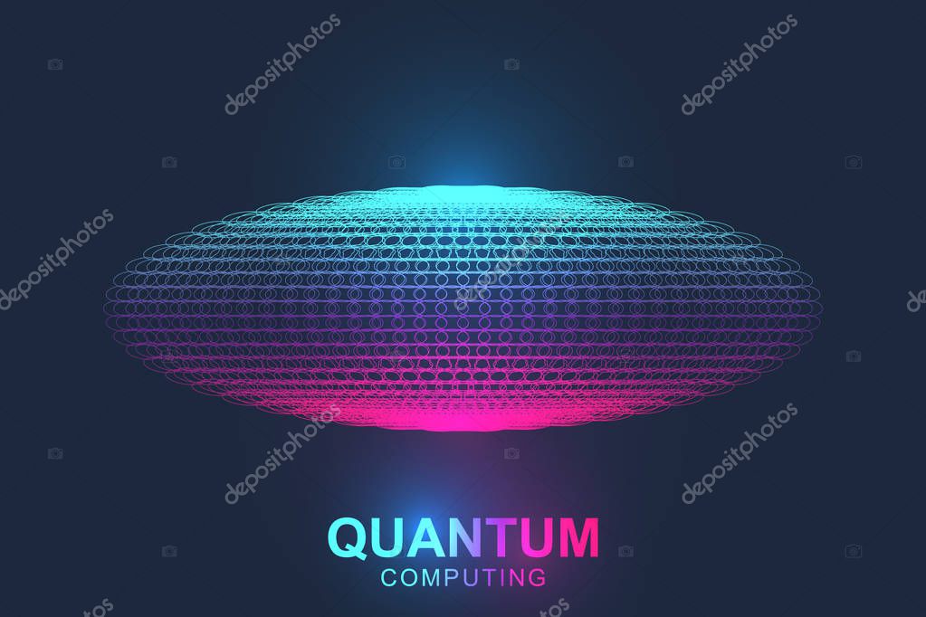 Quantum computer technology concept. Sphere explosion background. Deep learning artificial intelligence. Big data algorithms visualization. Waves flow. Quantum explosion, vector illustration