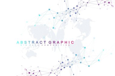 Bağlı çizgi ve noktalarla geometrik soyut arka plan. Sununuz için ağ ve bağlantı arka planı. Moleküller geometrik arka plan ile Bilim afiş. Bilimsel vektör illüstrasyonu