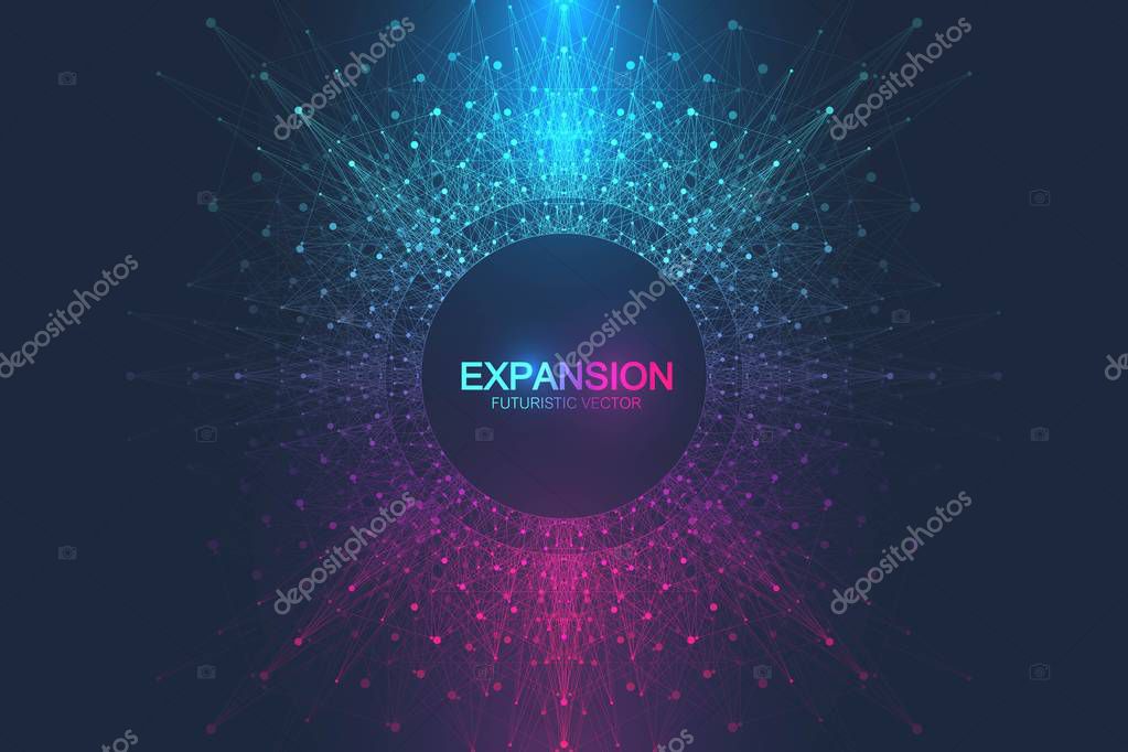 Expansion of life. Colorful explosion background with connected line and dots, wave flow. Visualization Quantum technology. Abstract graphic background explosion, motion burst, vector illustration