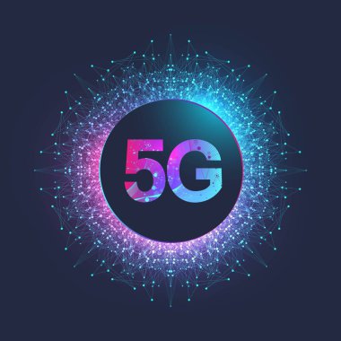 5G ağ kablosuz sistemleri ve internet vektör illüstrasyonu. İletişim ağı. İş konsepti afişi. Yapay Zeka ve Makine Öğrenme Sancakları