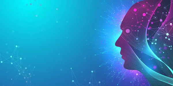 Inteligencia artificial en cabeza humanoide con red neuronal piensa. Inteligencia artificial y concepto de aprendizaje automático. Cerebro humanoide. Redes neuronales, conceptos de tecnologías modernas, vector . — Archivo Imágenes Vectoriales