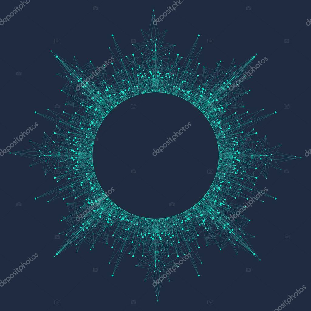 Expansion of life. Colorful explosion background with connected line and dots, wave flow. Visualization Quantum technology. Abstract graphic background explosion, motion burst, vector illustration