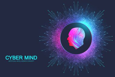 Siber zihin ve Yapay Zeka kavramı. Sinirsel ağlar ve başka bir modern teknoloji konsepti. Beyin Analizi. Gelecekçi siber insansı beyin. Büyük veri akışı. Teknoloji vektör beyni