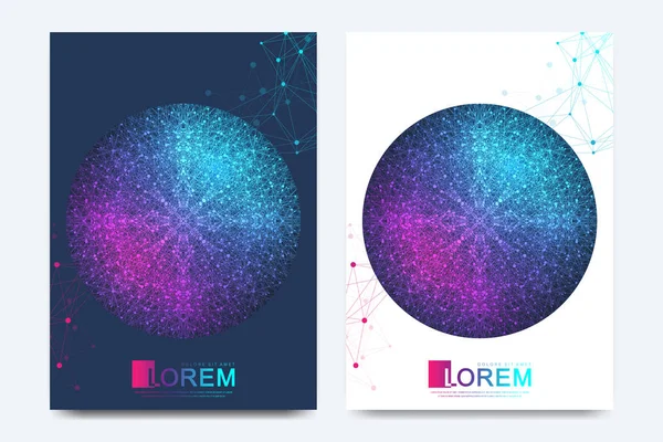 Broşür, broşür, el ilanı, kapak, afiş, katalog, dergi veya A4 boyutunda yıllık rapor için modern vektör şablonu. Parlayan parçacıklar sıvı dinamik akış. Fütüristik dairesel desen