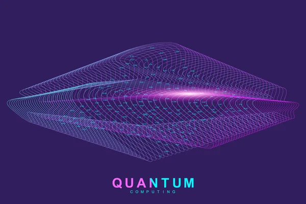 Quantum computing technology concept. Deep learning artificial intelligence. Big data algorithms visualization for business, science, technology. Waves flow, dots, lines. Quantum vector illustration — Stock Vector