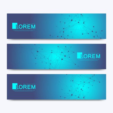 Web sitesi için soyut vektör afiş şablonları. Bilimsel arka plan genetik mühendisliği ve gen manipülasyonu. Molekül yapısı veya atomu, Dna sarlisi, DNA iplikçik. Dalga akışı nöronları