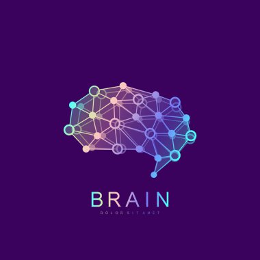 Bağlı çizgiler ve noktalar ile Brain Logo siluet tasarım vektör şablonu. Yapay Zeka Logosu. Beyin fırtınası fikir Logotype simgesi simge kavramı düşünmek