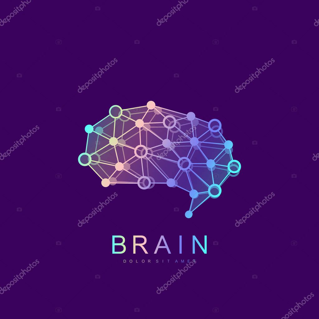 Brain Logo silhouette design vector template with connected lines and dots. Artificial Intelligence Logo. Brainstorm think idea Logotype symbol icon concept.