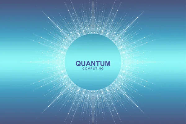 円形量子コンピュータ技術の概念。球の爆発の背景。ディープラーニング人工知能。ビッグデータアルゴリズムの可視化。波が流れる。量子爆発、ベクトル図 — ストックベクタ