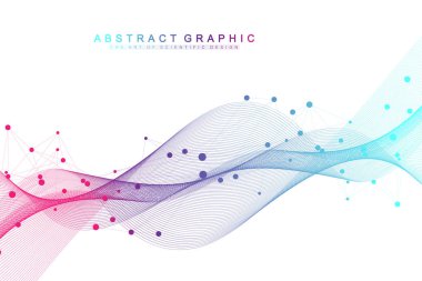 Bağlı çizgi ve noktalarla Geometrik soyut arkaplan. Sunumunuz için ağ ve bağlantı arka planı. Grafik çokgen arkaplan. Dalga akışı. Bilimsel vektör çizimi.