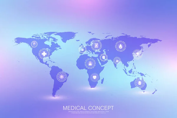 Медична концепція Інтернет речей ІоТ та фармацевтичні продукти фону. Світова торгівля фармацевтичними препаратами, фармакологічним бізнесом, фармацевтичною промисловістю. Піктограми медичного IOT — стоковий вектор