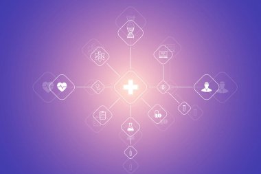 Düz simgeli soyut sağlık afişi. Sağlık sigortası konsepti. Tıbbi yenilik teknolojisi eczane afişi. Vektör illüstrasyonu