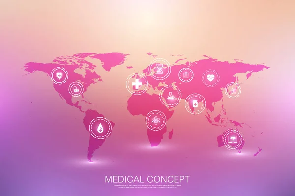 Orvosi koncepció Internet a dolgok IOT és gyógyszerészeti termékek háttér. A gyógyszeripari készítmények világkereskedelme, a farmakológiai ipar, a gyógyszeripar. Medical IOT ikonok — Stock Vector