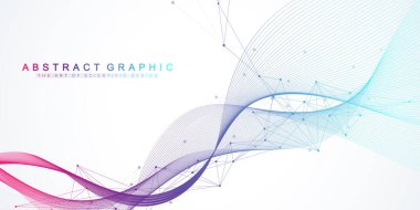 Soyut dinamik hareket çizgileri ve renkli parçacıkların olduğu noktalar. Dijital akış arka planı, dalga akışı. Pleksus akış arkaplanı. Büyük Veri Teknolojisi, vektör çizimi