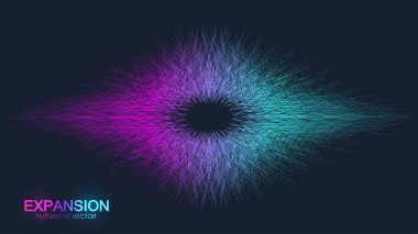 Yaşamın genişlemesi. Renkli patlama arkaplanı, birbirine bağlı çizgi ve noktalar, dalga akışı. Görselleştirme Kuantum teknolojisi. Soyut grafik arkaplan patlaması, hareket patlaması, vektör illüstrasyonu