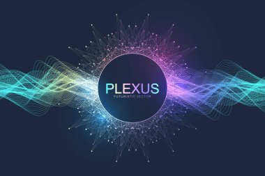 Dinamik parçacıkların olduğu soyut geometrik arkaplan, dalga akışı. Büyük veriler, pleksus akışı arka planı. Fraktal elementle perspektif veri görselleştirmesi. Pleksus akış stili. Dijital vektör illüstrasyonu