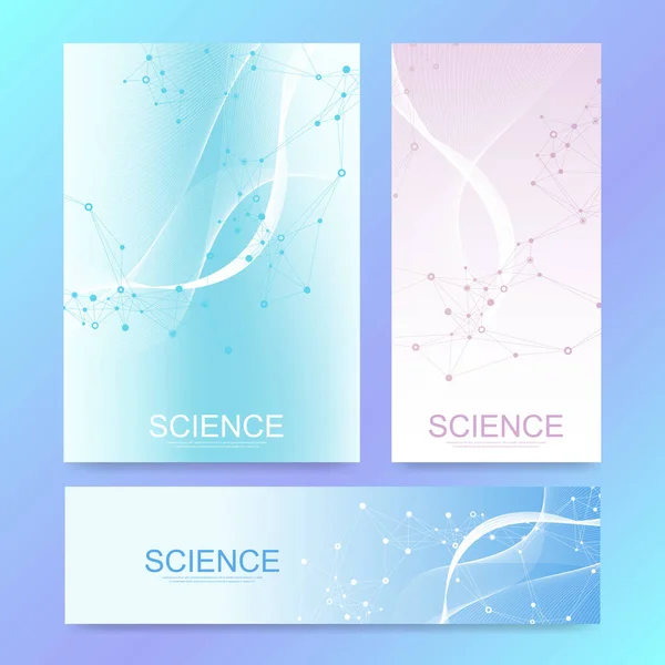 Plantilla de diseño de banner de ciencia con moléculas de colores sobre fondo moderno. Ilustración del vector científico para la ciencia o el fondo médico. Flujo de onda . — Vector de stock