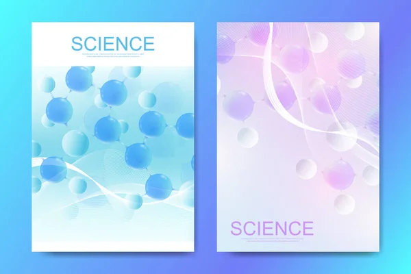 Banners, carteles o folletos plantillas de diseño con coloridas moléculas abstractas 3d. Átomos. Neuronas. Banner tecnológico farmacéutico de innovación médica. Ilustración vectorial . — Vector de stock