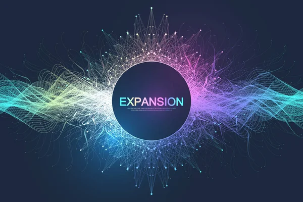 Fond d'explosion coloré avec ligne et points connectés, flux d'onde. Visualisation expansion de la vie. Explosion de fond graphique abstraite, explosion de mouvement. Expansion de l'illustration vectorielle de vie. — Image vectorielle