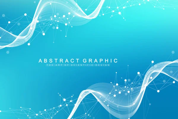 Fond abstrait géométrique avec ligne et points connectés. Réseau et contexte de connexion pour votre présentation. Fond polygonal graphique. Flux de vagues. Illustration vectorielle scientifique. — Image vectorielle